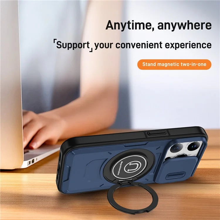 For iPhone 15 Pro Max Case TPU+PC Ring Kickstand Phone Cover with Slide Lens Shield