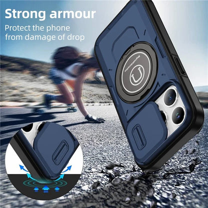 For iPhone 15 Pro Max Case TPU+PC Ring Kickstand Phone Cover with Slide Lens Shield