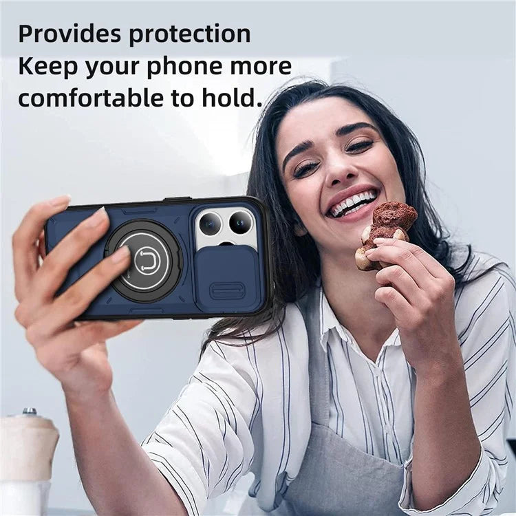 For iPhone 15 Pro Max Case TPU+PC Ring Kickstand Phone Cover with Slide Lens Shield