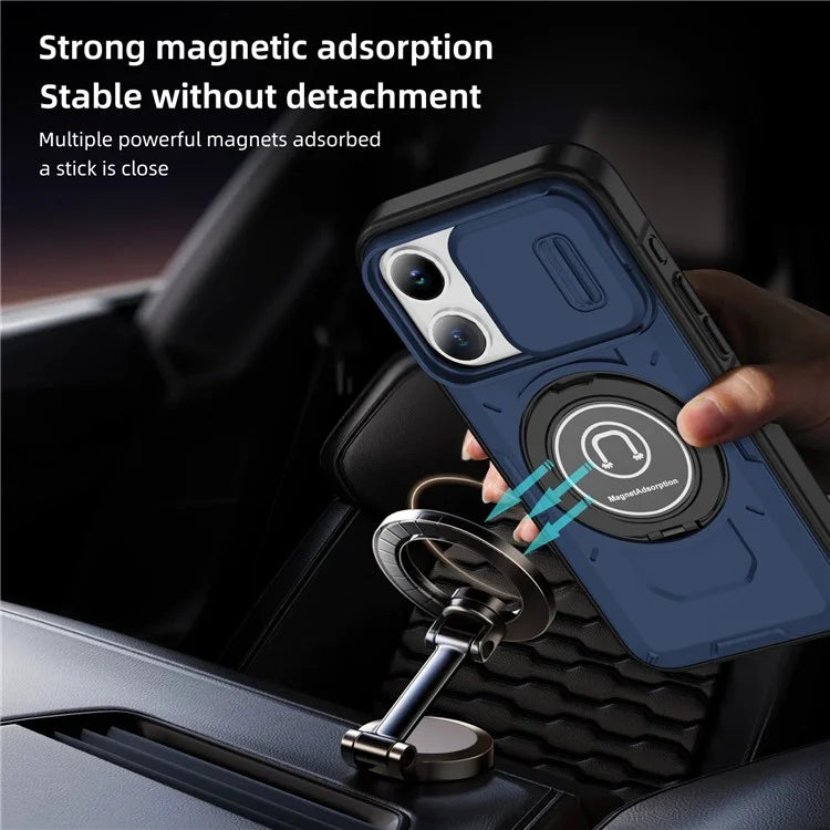 For iPhone 15 Pro Max Case TPU+PC Ring Kickstand Phone Cover with Slide Lens Shield