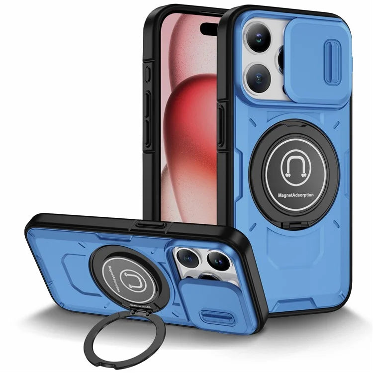 For iPhone 15 Pro Max Case TPU+PC Ring Kickstand Phone Cover with Slide Lens Shield