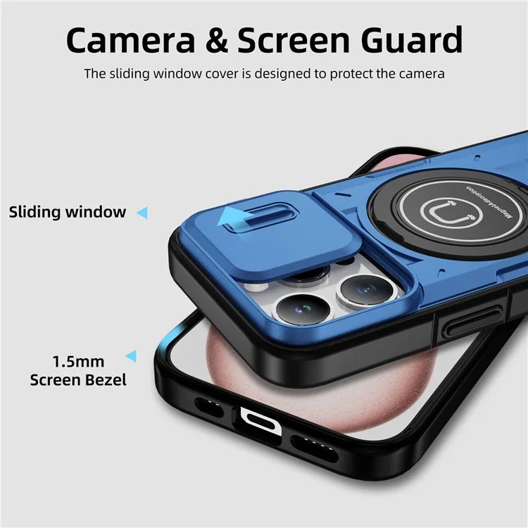 For iPhone 15 Pro Max Case TPU+PC Ring Kickstand Phone Cover with Slide Lens Shield