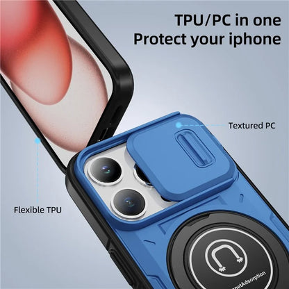 For iPhone 15 Pro Max Case TPU+PC Ring Kickstand Phone Cover with Slide Lens Shield