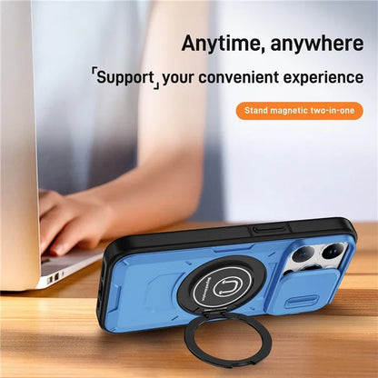 For iPhone 15 Pro Max Case TPU+PC Ring Kickstand Phone Cover with Slide Lens Shield