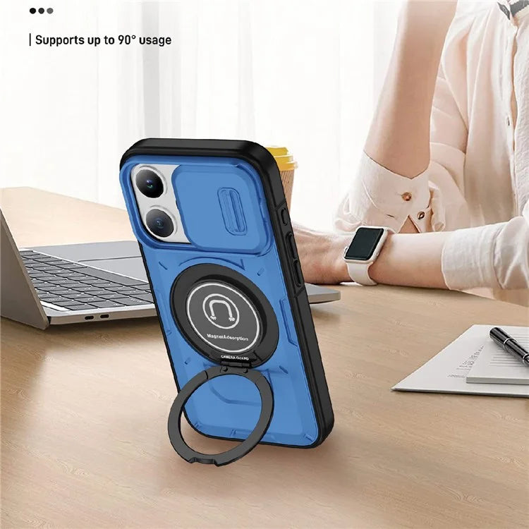 For iPhone 15 Pro Max Case TPU+PC Ring Kickstand Phone Cover with Slide Lens Shield