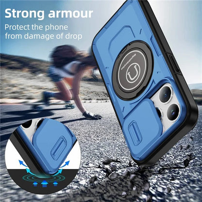 For iPhone 15 Pro Max Case TPU+PC Ring Kickstand Phone Cover with Slide Lens Shield