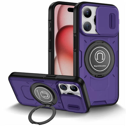 For iPhone 15 Pro Max Case TPU+PC Ring Kickstand Phone Cover with Slide Lens Shield