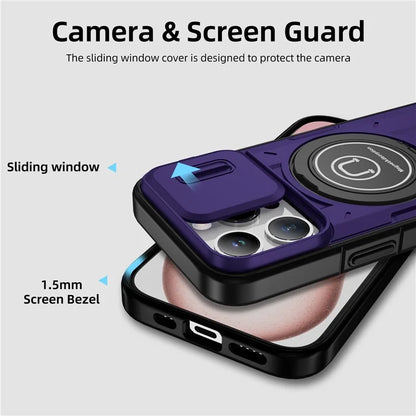 For iPhone 15 Pro Max Case TPU+PC Ring Kickstand Phone Cover with Slide Lens Shield