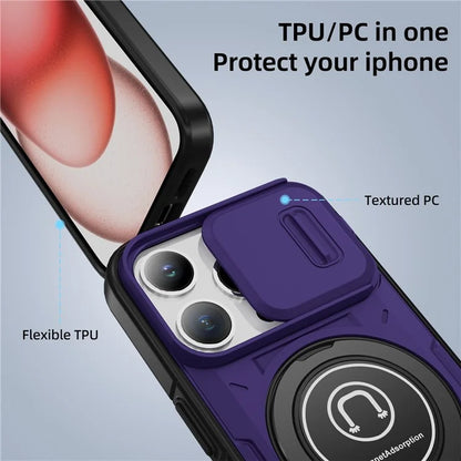 For iPhone 15 Pro Max Case TPU+PC Ring Kickstand Phone Cover with Slide Lens Shield