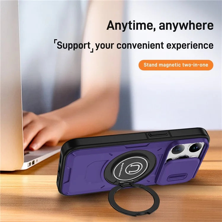 For iPhone 15 Pro Max Case TPU+PC Ring Kickstand Phone Cover with Slide Lens Shield