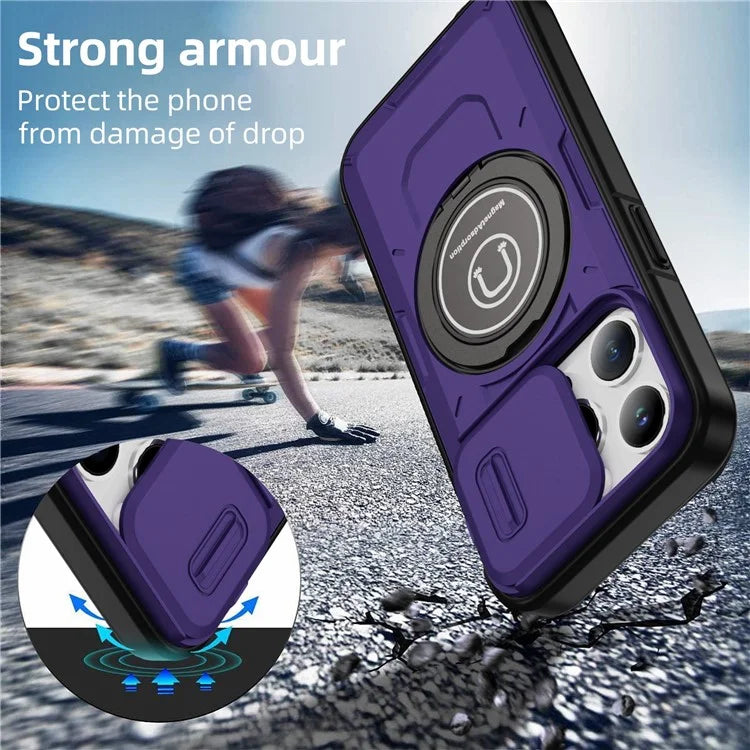 For iPhone 15 Pro Max Case TPU+PC Ring Kickstand Phone Cover with Slide Lens Shield