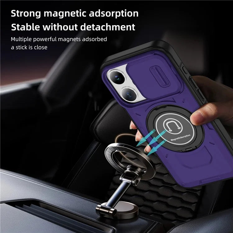 For iPhone 15 Pro Max Case TPU+PC Ring Kickstand Phone Cover with Slide Lens Shield