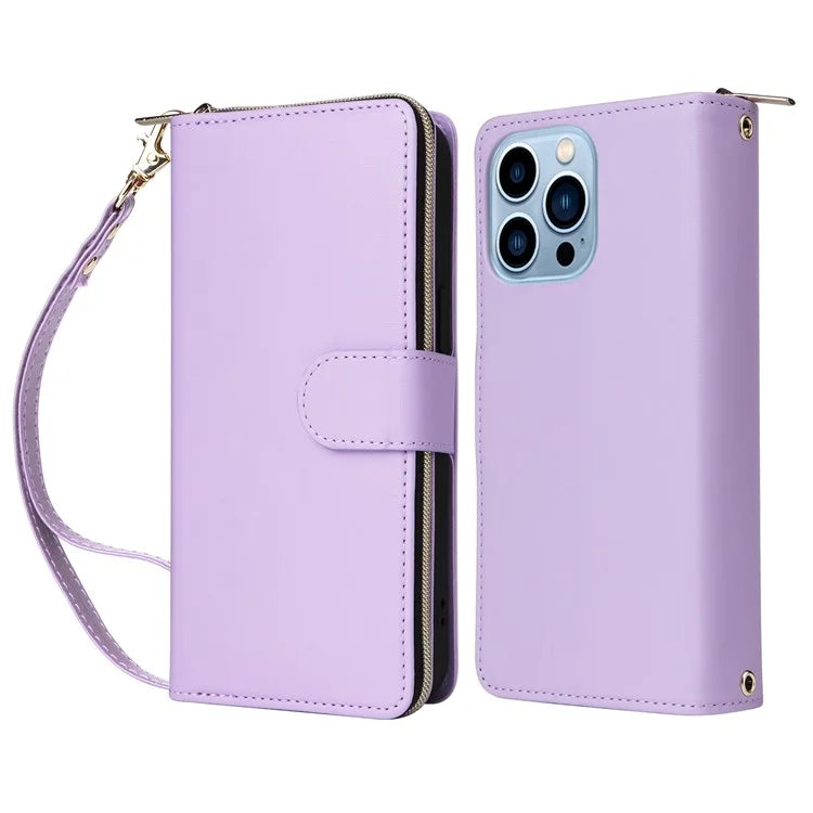 R20 For iPhone 13 Pro Max Case Zipper Wallet Phone Leather Cover with Hand Strap