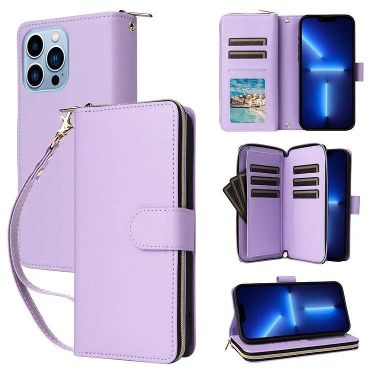 R20 For iPhone 13 Pro Max Case Zipper Wallet Phone Leather Cover with Hand Strap