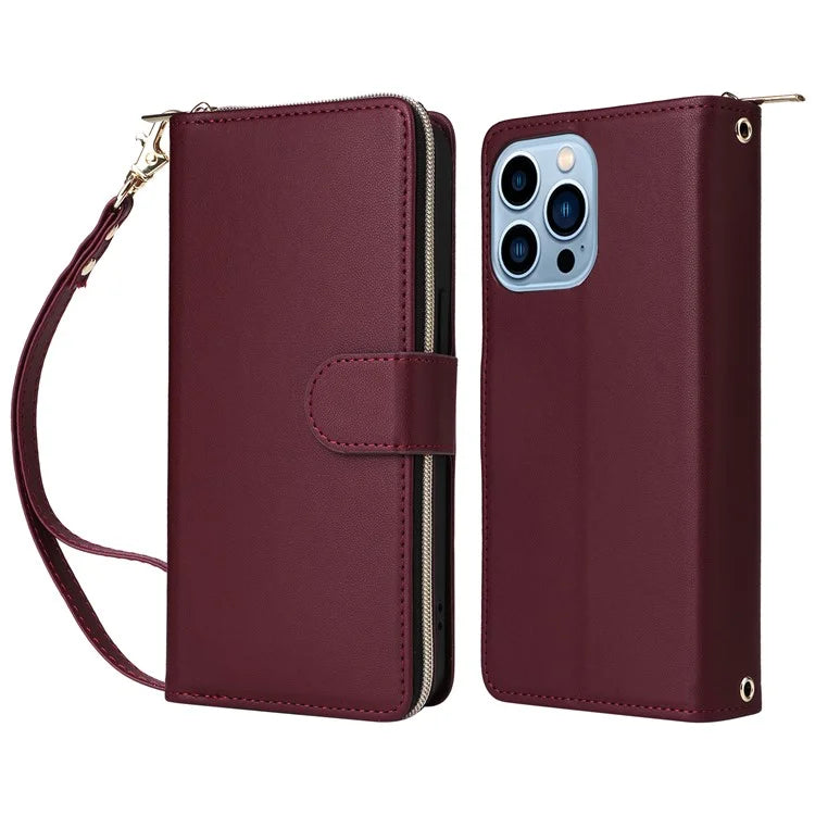 R20 For iPhone 13 Pro Max Case Zipper Wallet Phone Leather Cover with Hand Strap