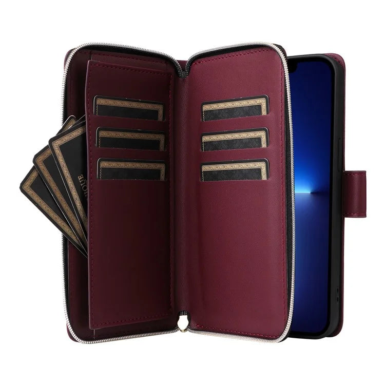 R20 For iPhone 13 Pro Max Case Zipper Wallet Phone Leather Cover with Hand Strap
