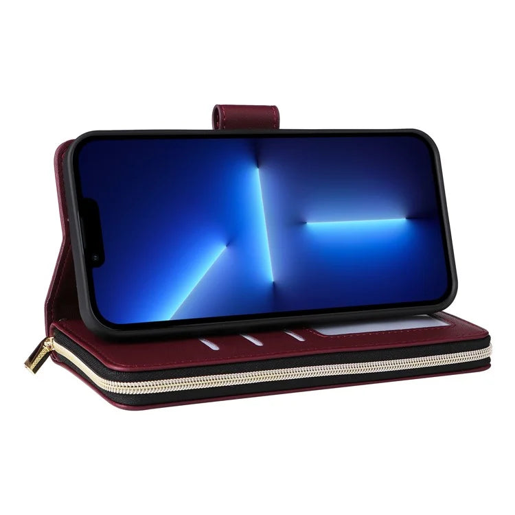 R20 For iPhone 13 Pro Max Case Zipper Wallet Phone Leather Cover with Hand Strap