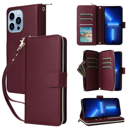 R20 For iPhone 13 Pro Max Case Zipper Wallet Phone Leather Cover with Hand Strap