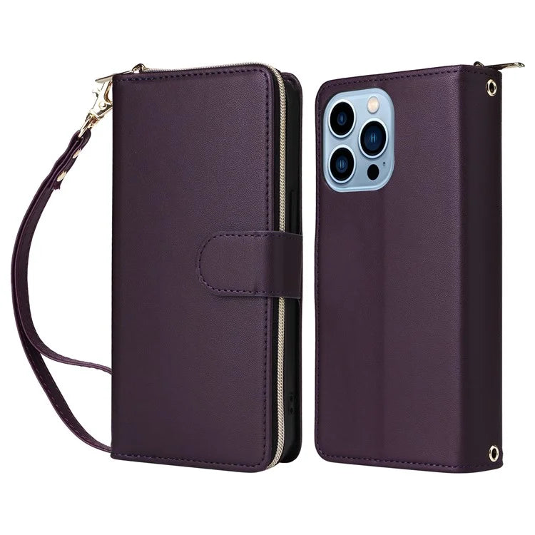 R20 For iPhone 13 Pro Max Case Zipper Wallet Phone Leather Cover with Hand Strap