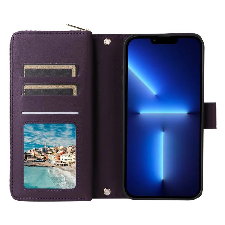 R20 For iPhone 13 Pro Max Case Zipper Wallet Phone Leather Cover with Hand Strap