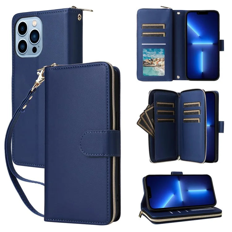 R20 For iPhone 13 Pro Max Case Zipper Wallet Phone Leather Cover with Hand Strap