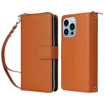 R20 For iPhone 13 Pro Max Case Zipper Wallet Phone Leather Cover with Hand Strap