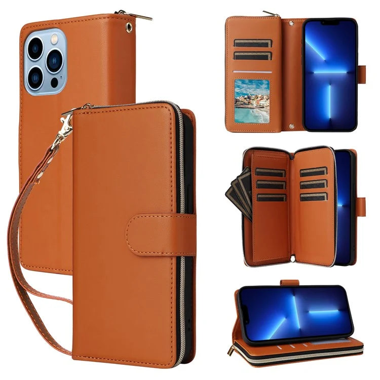R20 For iPhone 13 Pro Max Case Zipper Wallet Phone Leather Cover with Hand Strap
