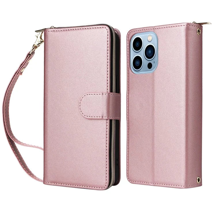 R20 For iPhone 13 Pro Max Case Zipper Wallet Phone Leather Cover with Hand Strap