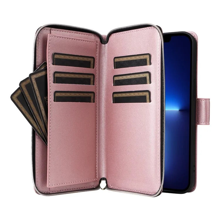 R20 For iPhone 13 Pro Max Case Zipper Wallet Phone Leather Cover with Hand Strap