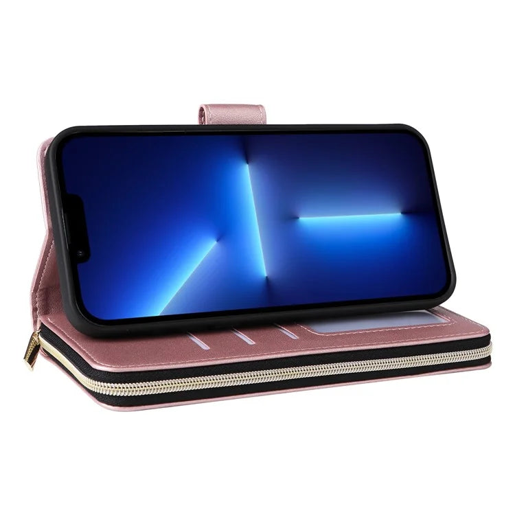 R20 For iPhone 13 Pro Max Case Zipper Wallet Phone Leather Cover with Hand Strap