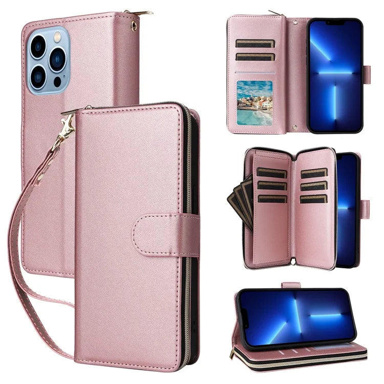 R20 For iPhone 13 Pro Max Case Zipper Wallet Phone Leather Cover with Hand Strap