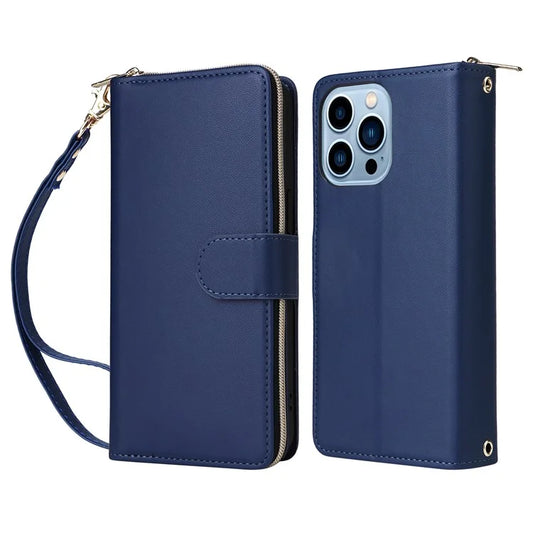 R20 For iPhone 13 Pro Case Zipper Pocket PU Leather Cover with 9 Card Slots