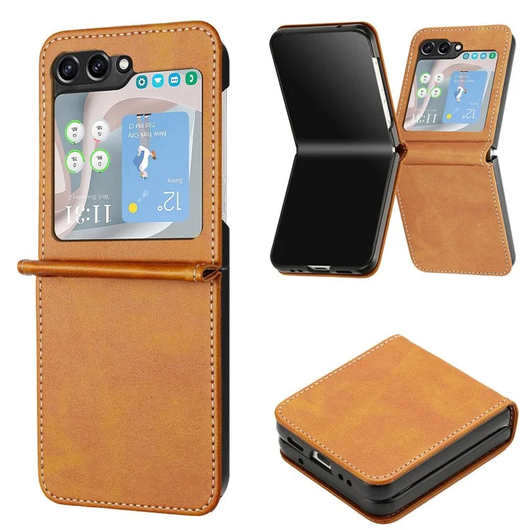 For Samsung Galaxy Z Flip6 5G / Z Flip5 5G Case PU Leather Hard PC Phone Cover Calf Texture