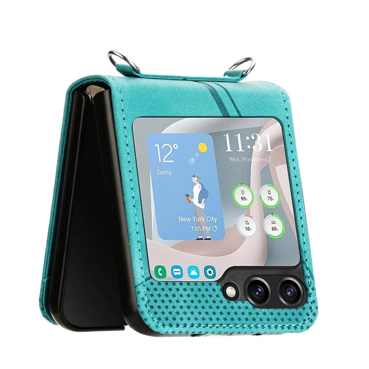 For Samsung Galaxy Z Flip6 5G / Z Flip5 5G Case Triangle Patterns PU Leather Hard PC Crossbody Phone Cover