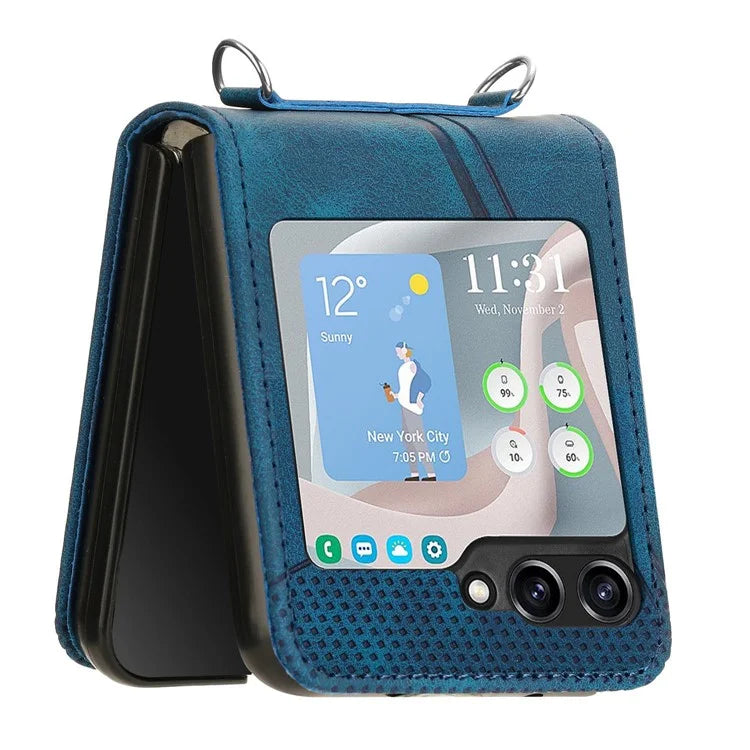 For Samsung Galaxy Z Flip6 5G / Z Flip5 5G Case Triangle Patterns PU Leather Hard PC Crossbody Phone Cover