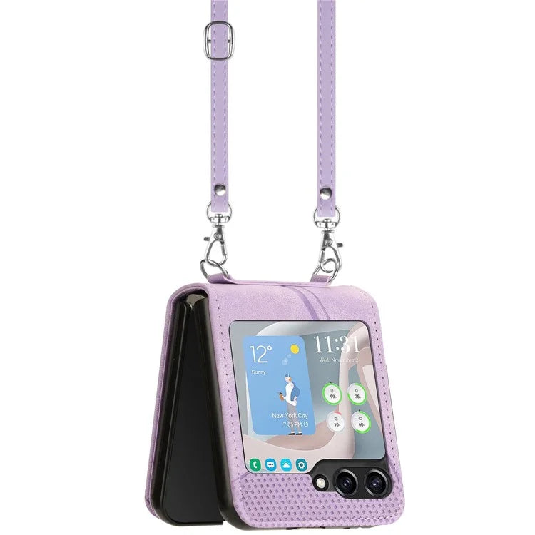 For Samsung Galaxy Z Flip6 5G / Z Flip5 5G Case Triangle Patterns PU Leather Hard PC Crossbody Phone Cover