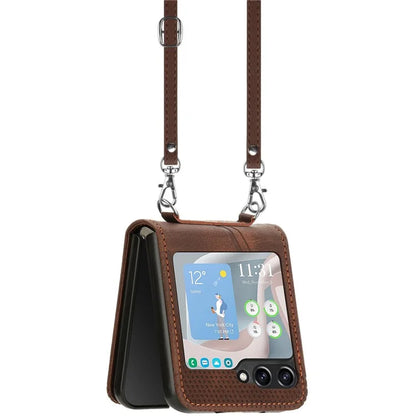 For Samsung Galaxy Z Flip6 5G / Z Flip5 5G Case Triangle Patterns PU Leather Hard PC Crossbody Phone Cover