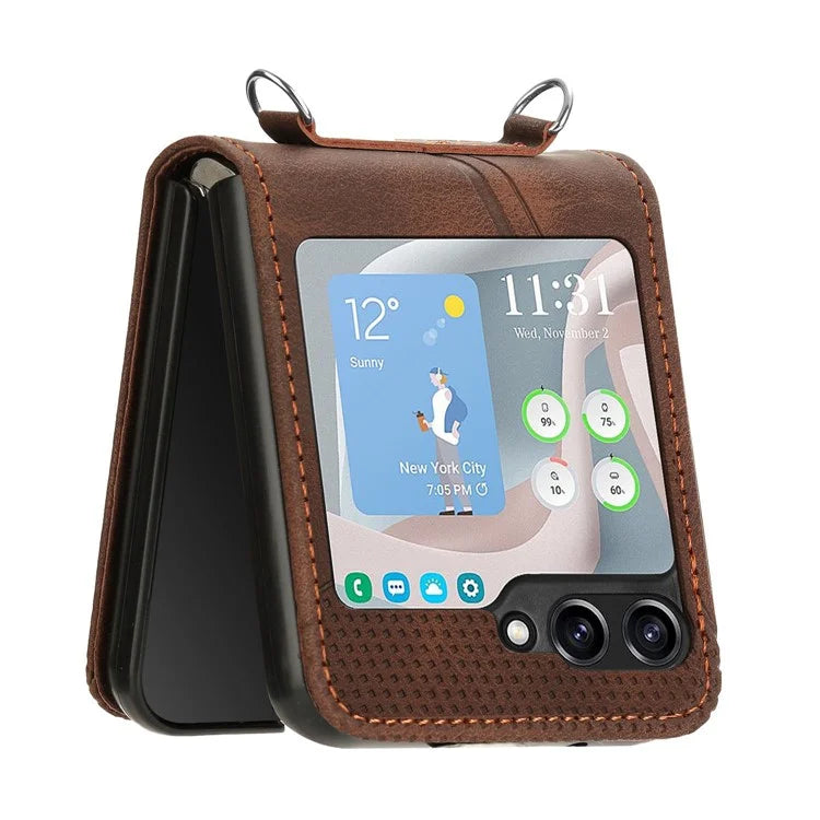 For Samsung Galaxy Z Flip6 5G / Z Flip5 5G Case Triangle Patterns PU Leather Hard PC Crossbody Phone Cover