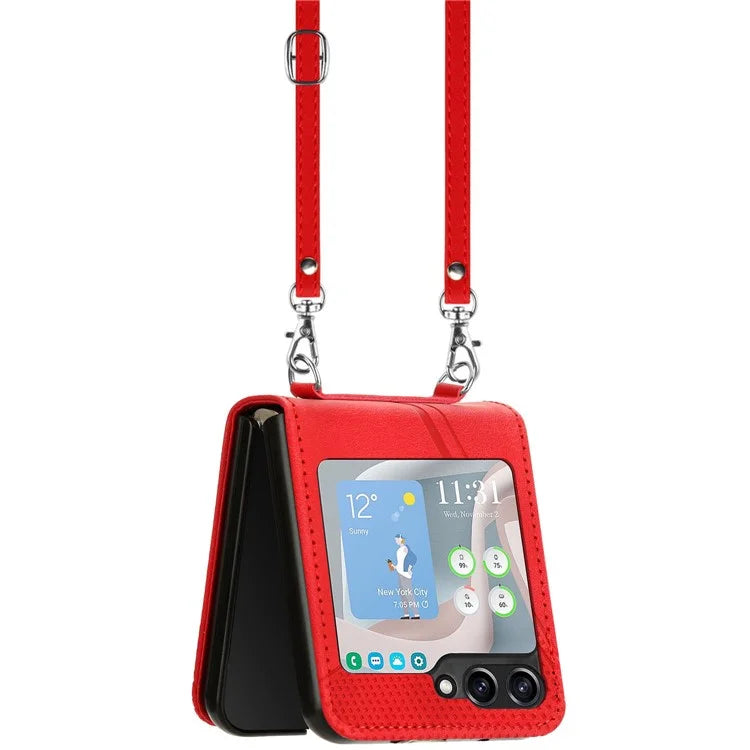 For Samsung Galaxy Z Flip6 5G / Z Flip5 5G Case Triangle Patterns PU Leather Hard PC Crossbody Phone Cover