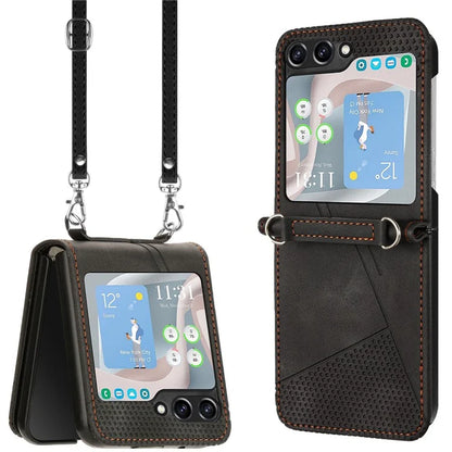 For Samsung Galaxy Z Flip6 5G / Z Flip5 5G Case Triangle Patterns PU Leather Hard PC Crossbody Phone Cover