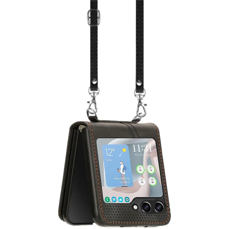 For Samsung Galaxy Z Flip6 5G / Z Flip5 5G Case Triangle Patterns PU Leather Hard PC Crossbody Phone Cover