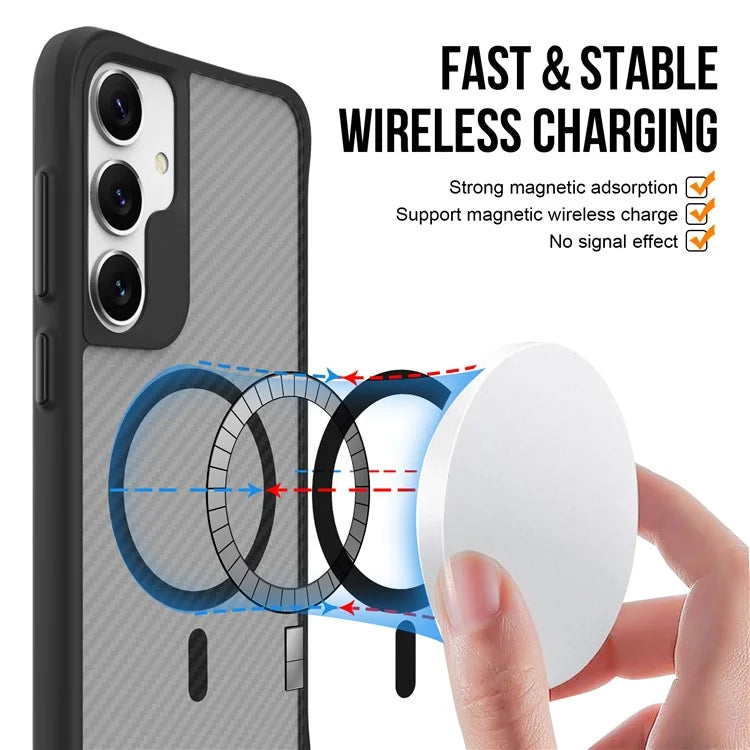 For Samsung Galaxy S24+ Magnetic Case TPU+PC Protective Carbon Fiber Texture Phone Cover - Black