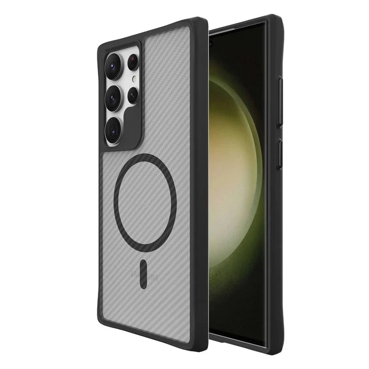 For Samsung Galaxy S24 Ultra Case Compatible with MagSafe TPU+PC Phone Cover Carbon Fiber Texture - Black