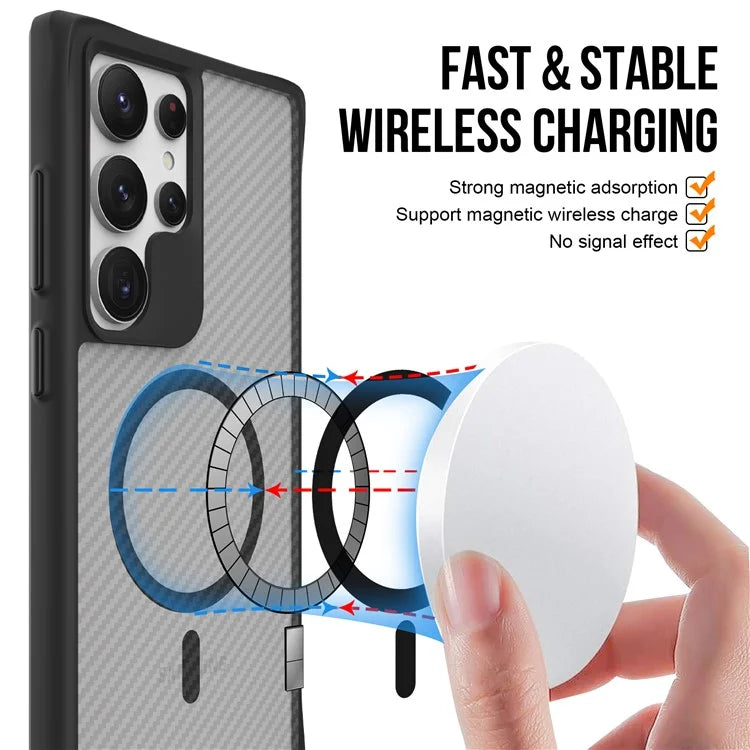For Samsung Galaxy S24 Ultra Case Compatible with MagSafe TPU+PC Phone Cover Carbon Fiber Texture - Black