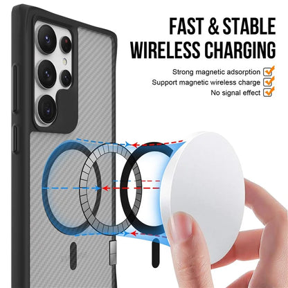For Samsung Galaxy S24 Ultra Case Compatible with MagSafe TPU+PC Phone Cover Carbon Fiber Texture - Black