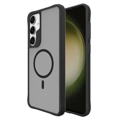 For Samsung Galaxy S24 Magnetic Case Carbon Fiber Texture TPU+PC Hybrid Phone Cover - Black