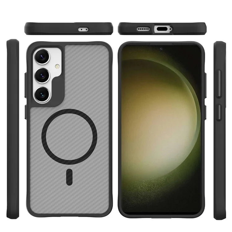 For Samsung Galaxy S24 Magnetic Case Carbon Fiber Texture TPU+PC Hybrid Phone Cover - Black