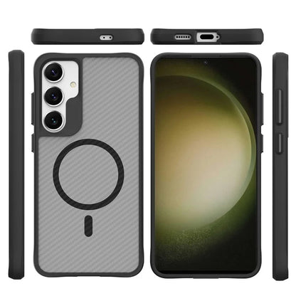 For Samsung Galaxy S24 Magnetic Case Carbon Fiber Texture TPU+PC Hybrid Phone Cover - Black