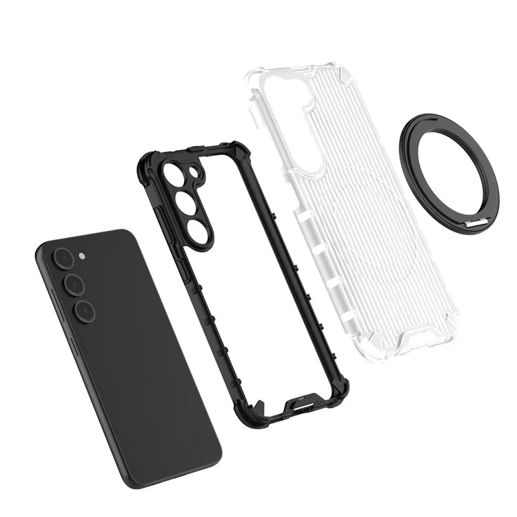 For Samsung Galaxy S23 Magnetic Case Vertical Stripe Anti-Slip PC+TPU Phone Cover Kickstand Ring Holder