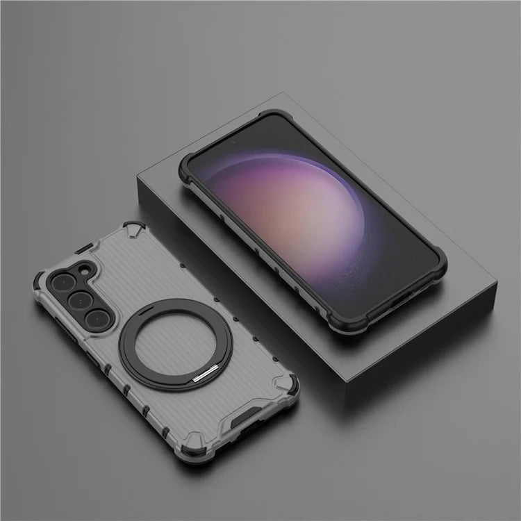 For Samsung Galaxy S23 Magnetic Case Vertical Stripe Anti-Slip PC+TPU Phone Cover Kickstand Ring Holder